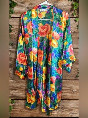 Vintage 80s 90s Victoria’s Secret Gold Label Floral Satin Robe Slip Set Size L